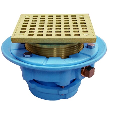 2 In. No Caulk Mechanical Joint Code Blue Floor Drain W/ 7 In. Pan And 6 In. Polished Brass Square S